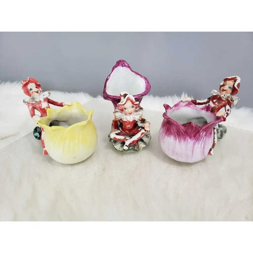 RARE 3 VINTAGE PIXIE ELF VASE PLANTER FIGURINES OCCUPIED JAPAN KITSCHY‎ MCM PINK